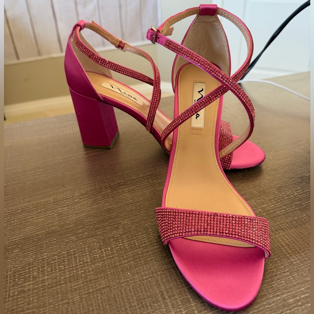 Nina Henesi Ultra Pink Crystal Satin Block Heel Dress Sandals